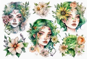a beautiful face covered in flowers with green eyes tattoo idea