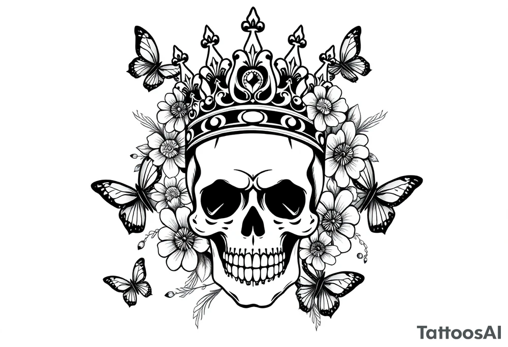 ornate skull adorned with gothic crown surrounded by boho flowers and butterflies tattoo idea