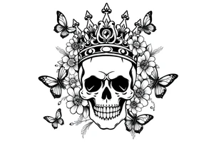 ornate skull adorned with gothic crown surrounded by boho flowers and butterflies tattoo idea