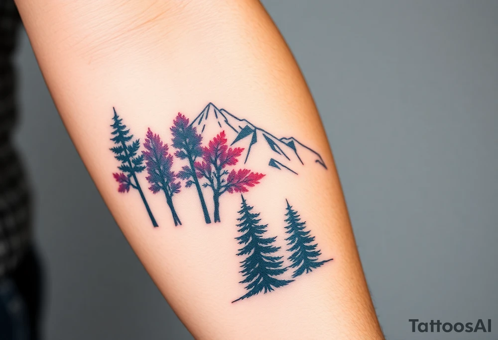 Lower forearm, trees with mountains in background, leaves on the trees are pink, purple, teal, red tattoo idea