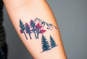 Lower forearm, trees with mountains in background, leaves on the trees are pink, purple, teal, red tattoo idea