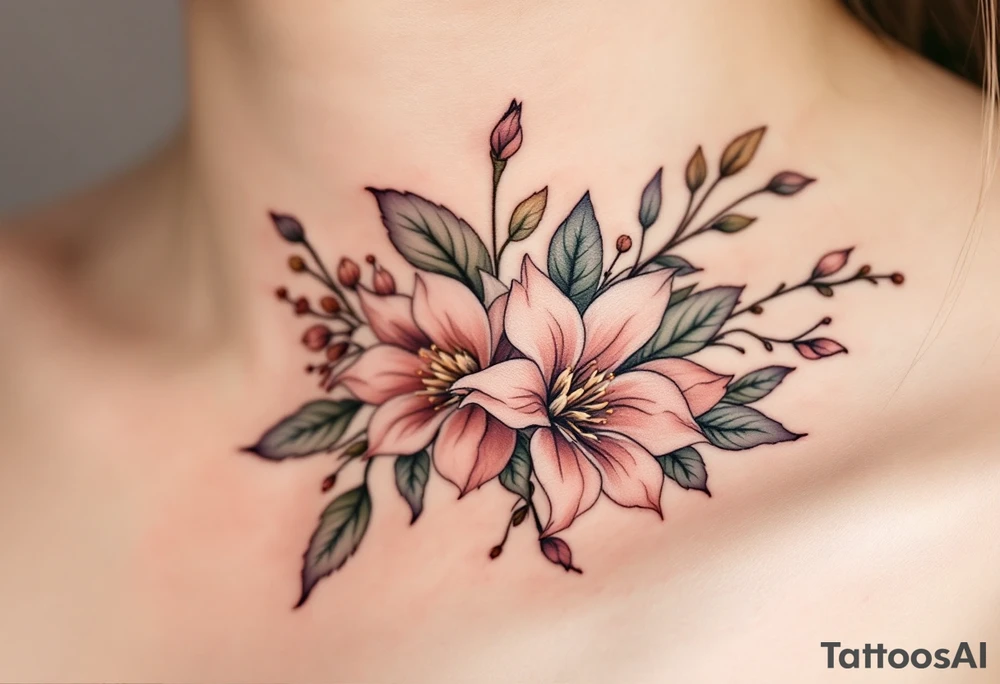 Florals with name "Simon" and numbers 12.2.2022 v 8:08 hidden within petals in dusty rose and olive green. tattoo idea