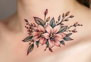 Florals with name "Simon" and numbers 12.2.2022 v 8:08 hidden within petals in dusty rose and olive green. tattoo idea