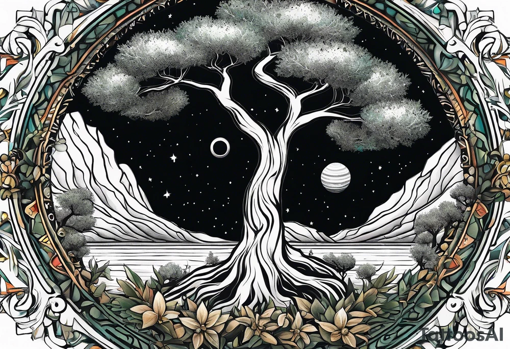 An olive tree in a black hole  with a small Saturn-like planet in in the background. tattoo idea