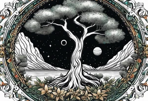 An olive tree in a black hole  with a small Saturn-like planet in in the background. tattoo idea