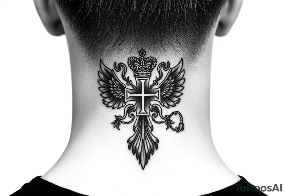 russian coat arms in a russian christian orthodox cross with the cross in the middle with a virgin mary & orthodox dome church on the side of the neck tattoo idea