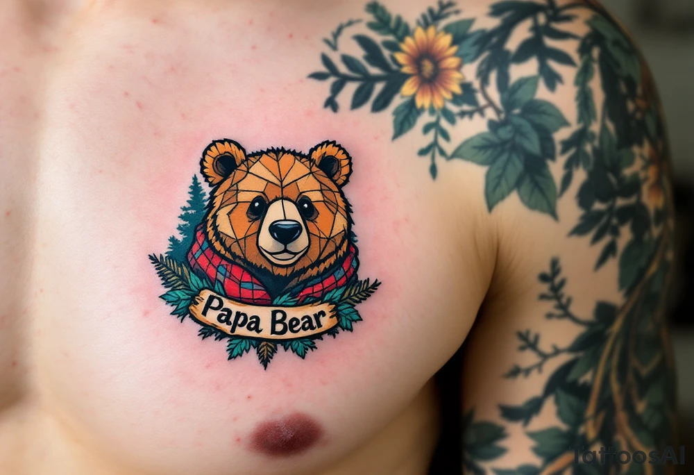 A tiny geometric-style bear on left pack in forest colors with “Papa Bear” etched into the fur. tattoo idea