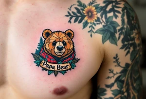 A tiny geometric-style bear on left pack in forest colors with “Papa Bear” etched into the fur. tattoo idea