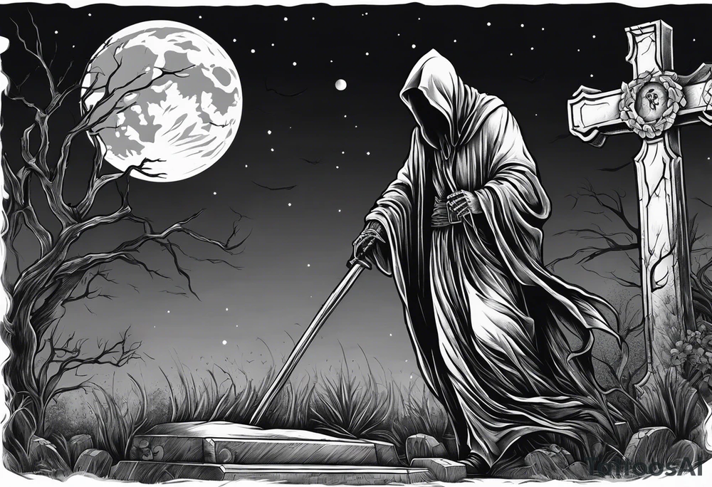 Grim reaper walking through an old cemetery with a full moon tattoo idea Grim reaper walking through an old cemetery with a full moon tattoo idea