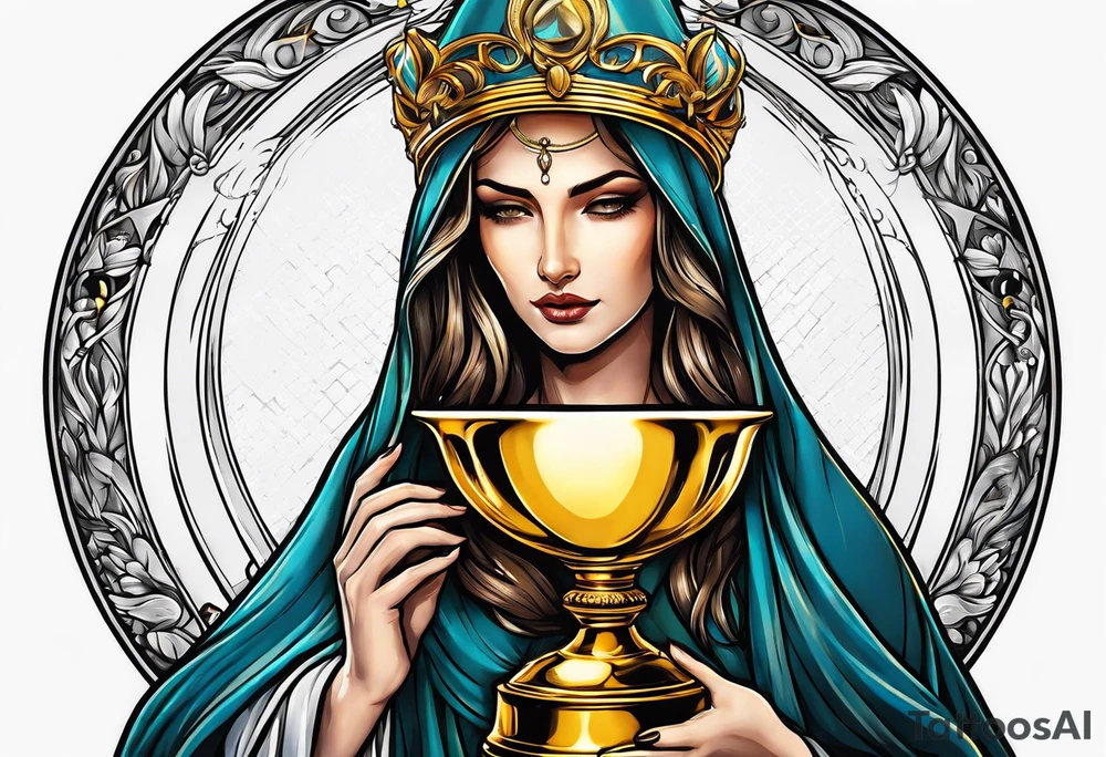 holy saint woman turned away with golden halo holding a chalice tattoo idea