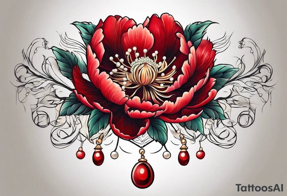 Red peony with a pearl necklace tattoo idea