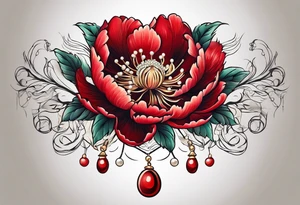 Red peony with a pearl necklace tattoo idea