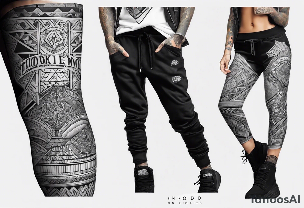 "Hood" on right leg and "Shop" on left tattoo idea
