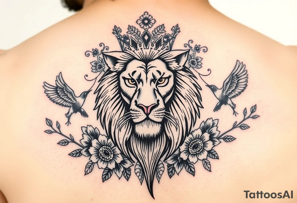 powerful majestic lion with a crown, surrounded by floral ornaments and birds tattoo idea