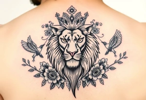 powerful majestic lion with a crown, surrounded by floral ornaments and birds tattoo idea
