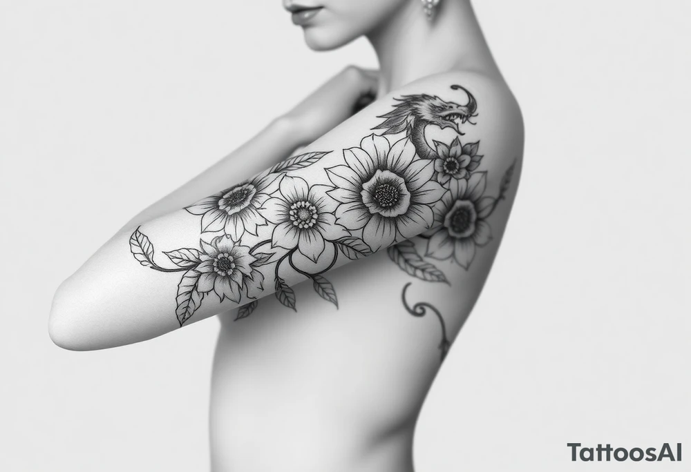 Hourglass roses sunflower dragon tattoo idea