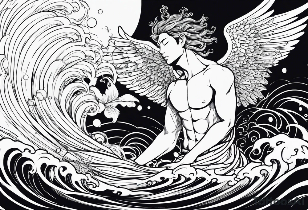 A falling greek men angel in the sea with the sun and all related to an asiatic culture and the anime Tokyo Ghoul.  Make it masculine and include in the water the DNA molecule and some fish and shrimp. Add colour to these designs tattoo idea