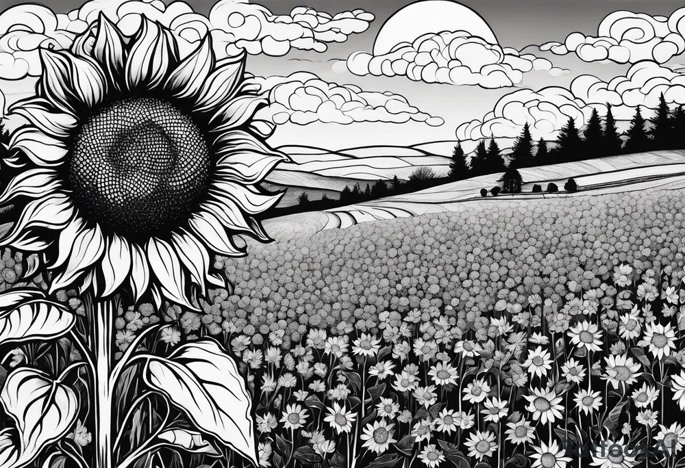beautiful and heavily detailed sunflower meadow valley with two large bumble occupying the sky with awe inspiring cumulous clods tattoo idea