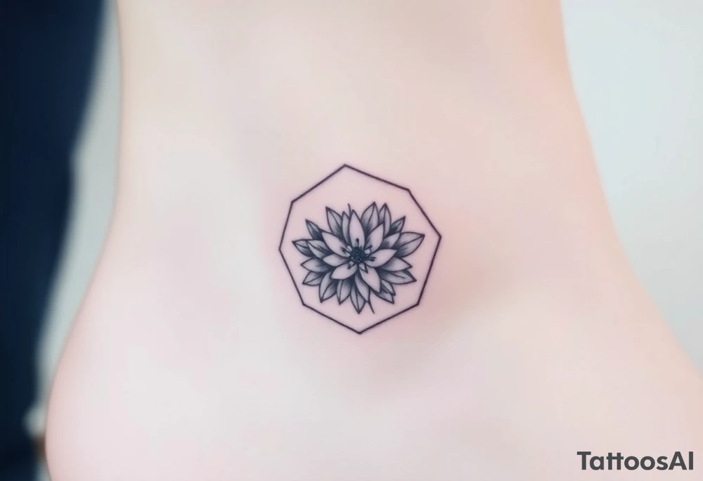 Faint Hexagon with Leo, larkspur and water lilies in the center tattoo idea