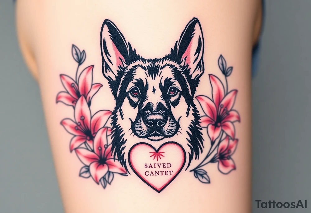 strong looking short haired german shepherd with alert ears surrounded by pink lilies with large leaves in front of a sacred heart tattoo idea