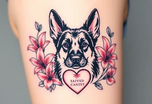strong looking short haired german shepherd with alert ears surrounded by pink lilies with large leaves in front of a sacred heart tattoo idea