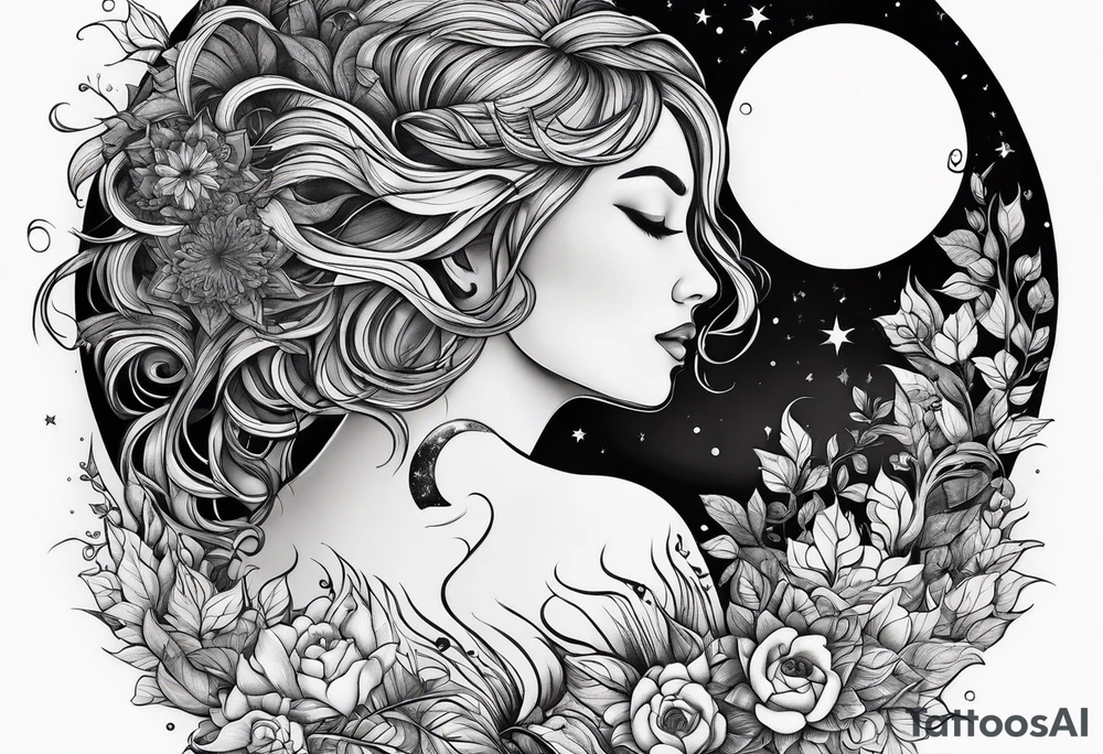 mother daughter with moon sun trees tattoo idea