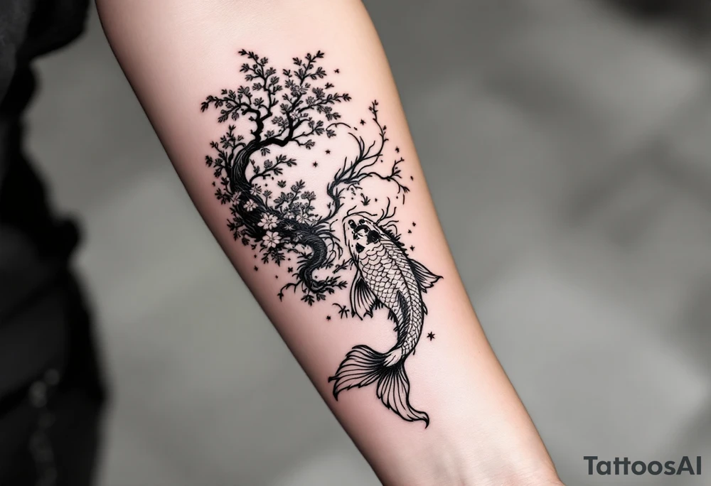 koi fish  with a dragon 
with a sakura tree in the background, Japanese inspired piece tattoo idea