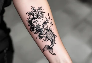 koi fish  with a dragon 
with a sakura tree in the background, Japanese inspired piece tattoo idea