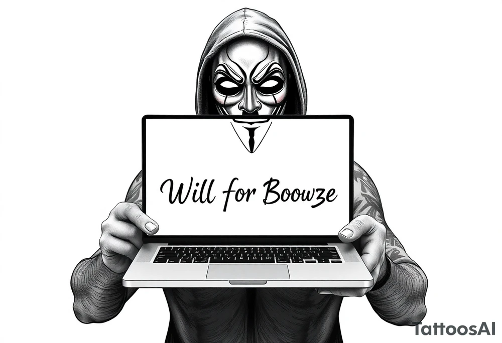 CREATE a desktop background for me of a 8k high definition homeless man wearing a V fo Vendetta mask while holding his laptop out for everyone to see the screen and the screen reads "Will Hack for Booze" tattoo idea