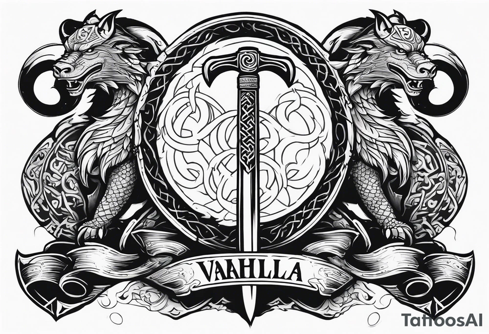 Valhalla sword dragon head axe viking church tattoo idea