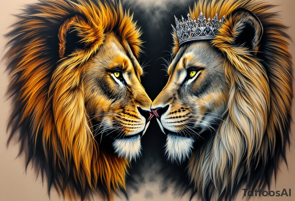A lion with a golden mane facing a lioness with a silver crown, their eyes inked in piercing green and amber. tattoo idea