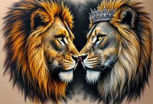 A lion with a golden mane facing a lioness with a silver crown, their eyes inked in piercing green and amber. tattoo idea