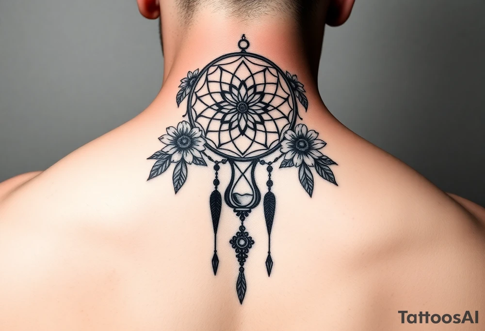 Boho dream catcher with gothic compass and hourglass. Beautiful flowers and an ornamental chandelier like look tattoo idea