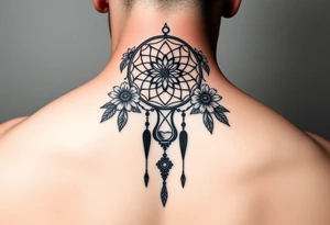 Boho dream catcher with gothic compass and hourglass. Beautiful flowers and an ornamental chandelier like look tattoo idea