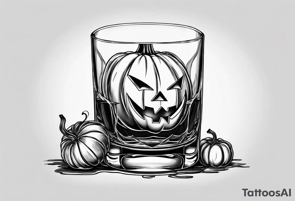 glass of whiskey but the ice cube is a jack-o-lantern tattoo idea