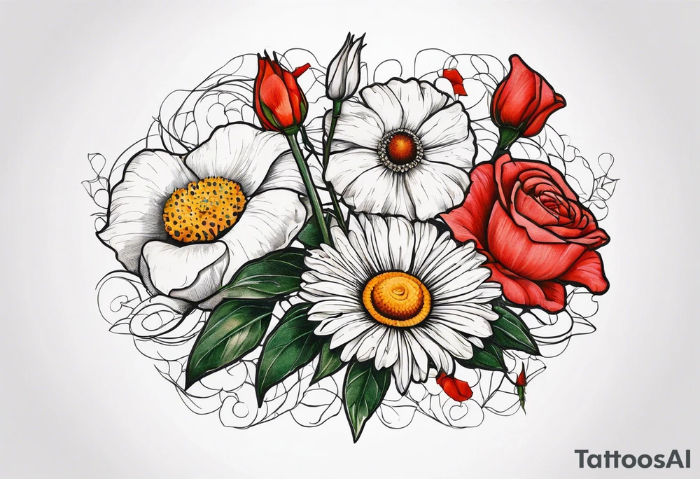 A vintage vertical design of a daisy and a rose with gladiolus flowers and poppies weaving through the daisy and rose tattoo idea