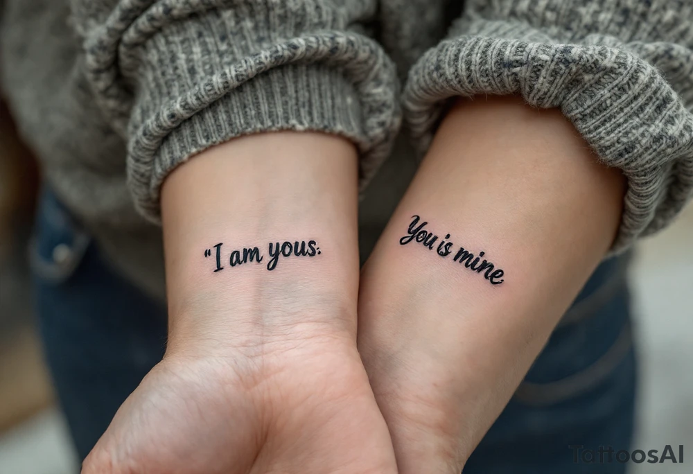 “I am yours” in soft gray on her wrist and “You are mine” in black on his neck symbolize mutual belonging. tattoo idea