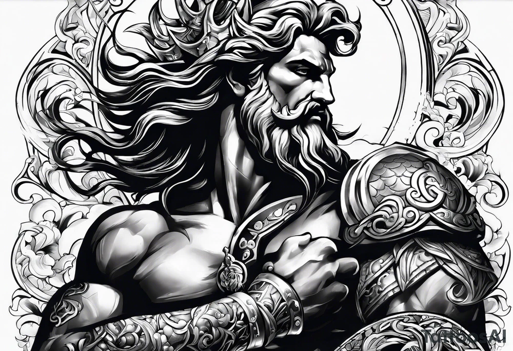 Elbow to wrist tattoo, with most of it being the god Poseidon. I want it to be very detailed. I would like it to flow from the tattoo above which has clouds as a background tattoo idea