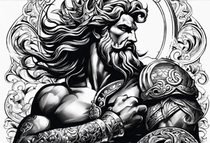 Elbow to wrist tattoo, with most of it being the god Poseidon. I want it to be very detailed. I would like it to flow from the tattoo above which has clouds as a background tattoo idea