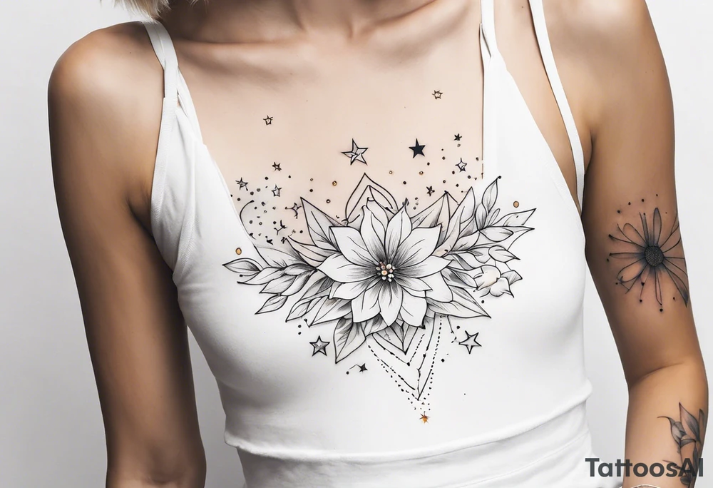 fine line with stars, floral, dots. Sternum tattoo tattoo idea