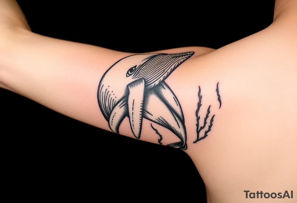 Forearm design, size = most of forearm.   Illustrative B/W with heavy linework, some shading and artistic styling.   Humpback whale that is breaching.  Kelp underwater framing whale as it emerges. tattoo idea