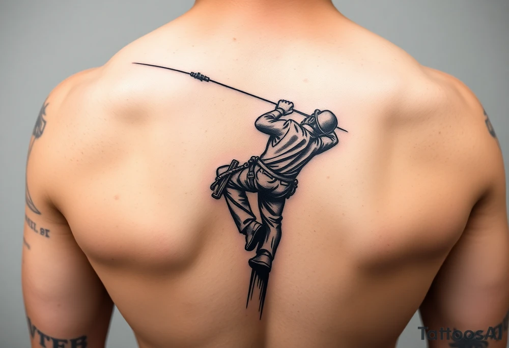 realistic tattoo of a power lineman climbing a wooden pole tattoo idea
