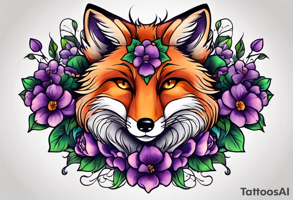 Neo traditional fox with violets tattoo idea