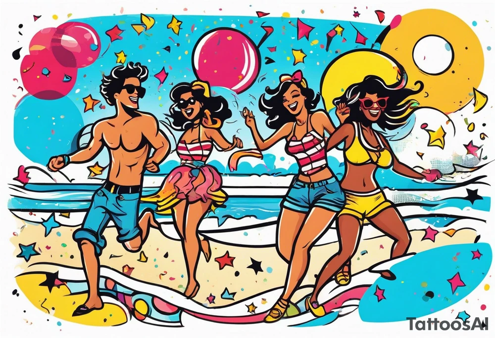 vintage beach dance party with music and confetti tattoo idea