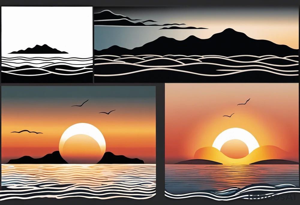 Sunset from the perspective of being on a boat on the ocean. The waves are very calm and there is no land in site. There are slight reflections of the sun on the water. The tattoo will be in landscape orientation on the forearm, rought 3 inches wide and 2 inches tall. The style is incredibly minimal and simple. Mostly black with small splashes of color from the sun. There are no other objects in the tattoo besides the sun, water, and maybe some clouds and a bird or two, tattoo idea