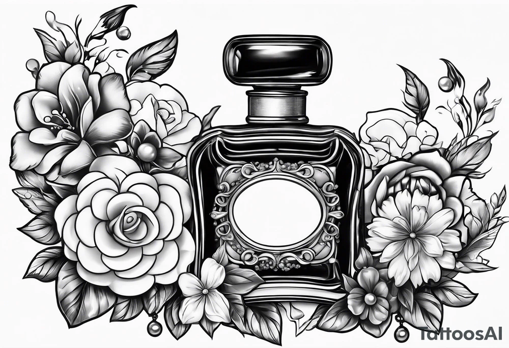 Pearl necklace wrapped around 1950s perfume bottle with flowers and bows surrounding tattoo idea