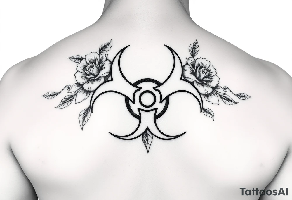 floral biohazard symbol in old school style black ink. tattoo idea