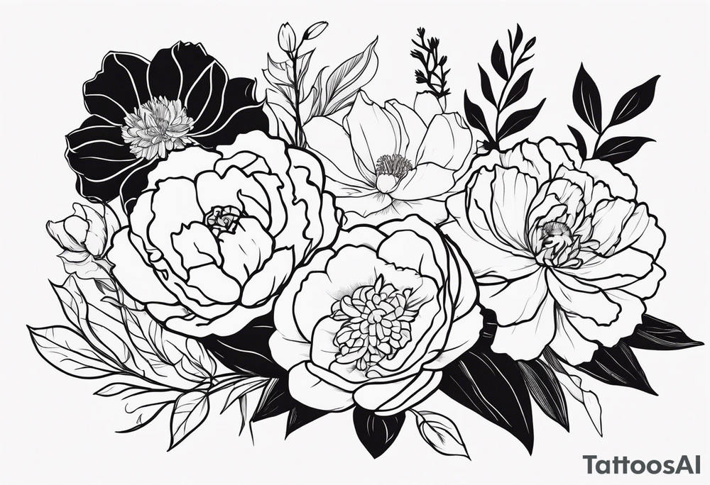 8 flowers to symboize 8 family design : 
peony, carnation, daffodil, daphne, dahlia, desiree, daisy and rose and label the flower name tattoo idea