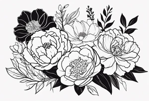 8 flowers to symboize 8 family design : 
peony, carnation, daffodil, daphne, dahlia, desiree, daisy and rose and label the flower name tattoo idea