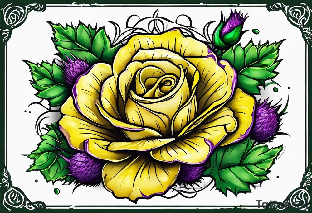 Yellow rose, purple thistle, and green shamrock with lettering KND tattoo idea